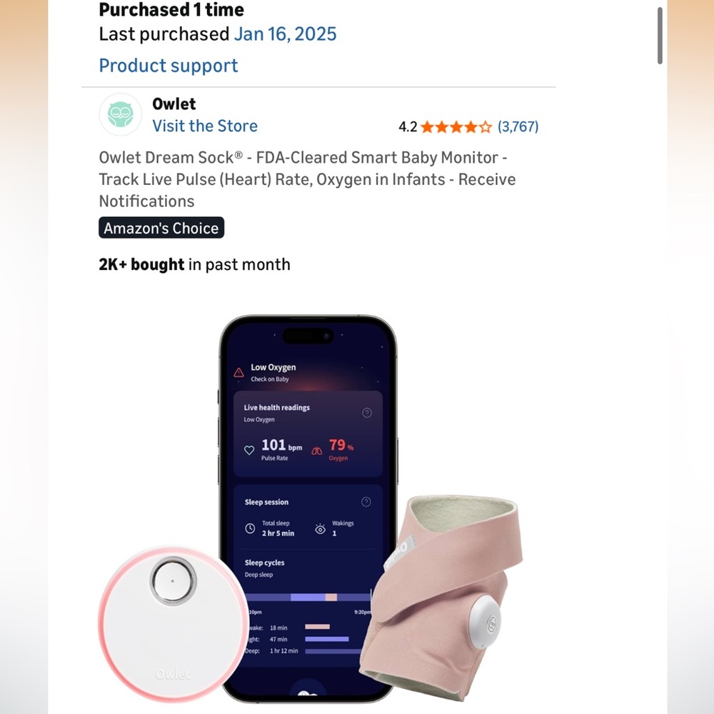 ✨Owlet Dream Sock Baby Monitor in Pink✨